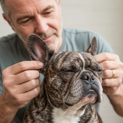 Close-up of a French Bulldog getting its ear cleaned by an owner