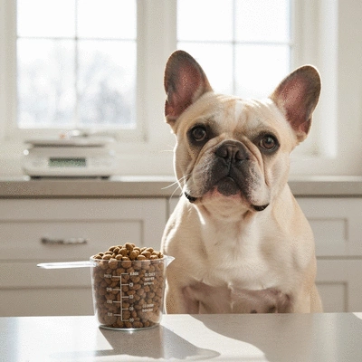 French Bulldog next to a measuring cup of kibble with a scale in the background, clean kitchen setting