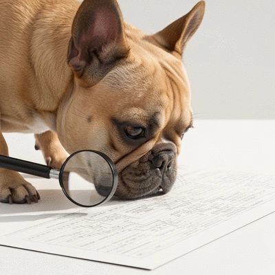 French Bulldog looking at a pedigree chart with a magnifying glass