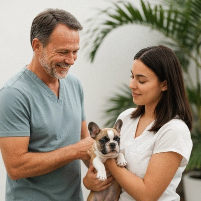 Happy French Bulldog owner receiving support from breeder