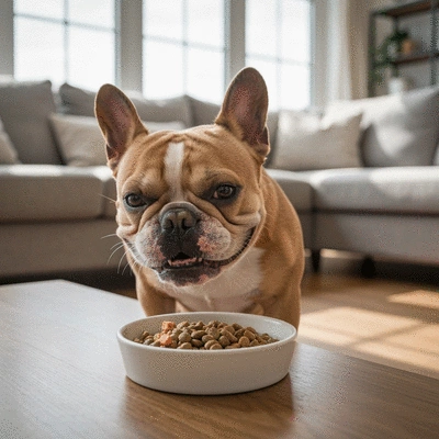 Happy French Bulldog eating from a bowl of healthy dog food, in a home environment