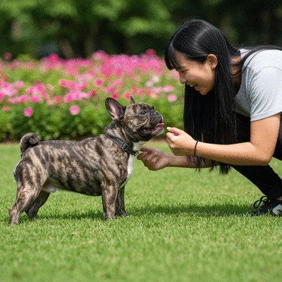 French Bulldog playing with owner during training session