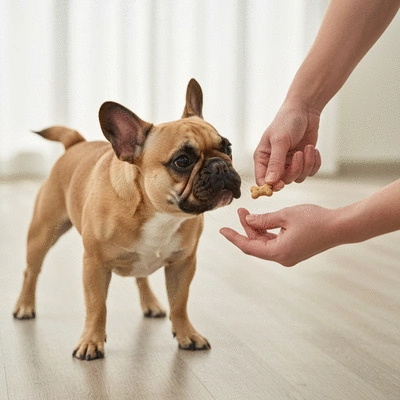 French Bulldog being trained with small healthy treats as rewards
