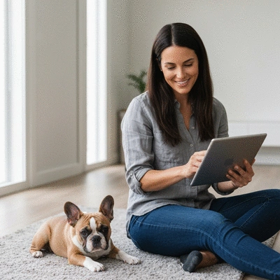 Professional French Bulldog breeder reviewing genetic test results on a tablet with a healthy French Bulldog puppy playfully near, clean background