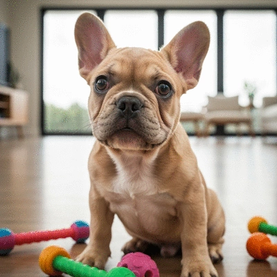 French Bulldog puppy playing with toys in a home environment