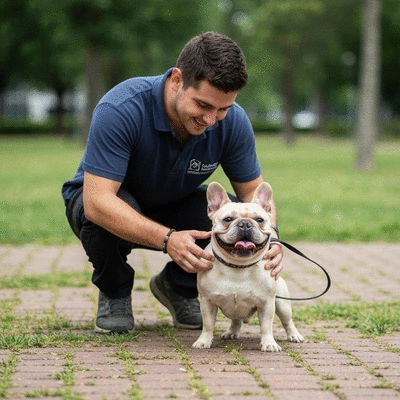 Professional dog trainer working with a French Bulldog in a park