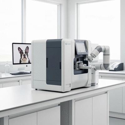 Modern veterinary lab equipment for genetic testing, with French Bulldog imagery on screen, clean and sterile environment