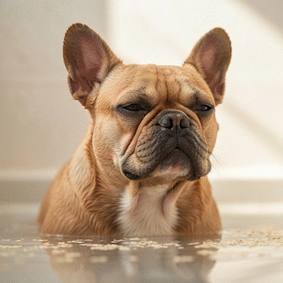 French Bulldog enjoying a soothing oatmeal bath, calm and relaxed