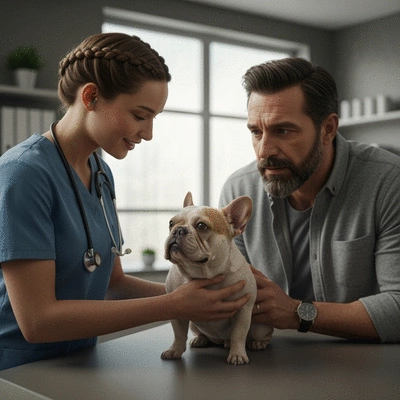 Veterinarian examining a French Bulldog's breathing, with owner present, in a clean, modern clinic