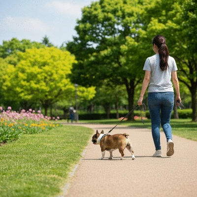 French Bulldog on a leash, walking calmly in a park with owner