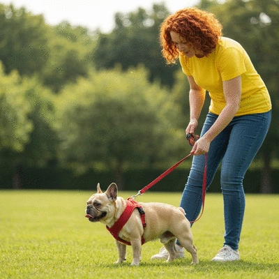 Owner gently guiding a French Bulldog with a harness on a leash