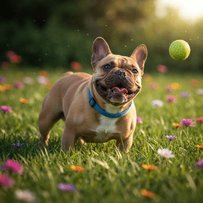 French Bulldog playing outdoors in a safe, cool environment, looking happy and healthy