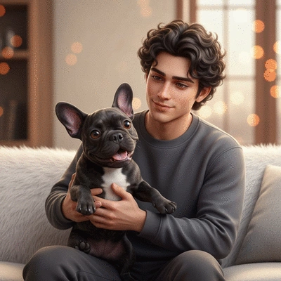 Woman cuddling a French Bulldog puppy on a sofa, cozy home setting