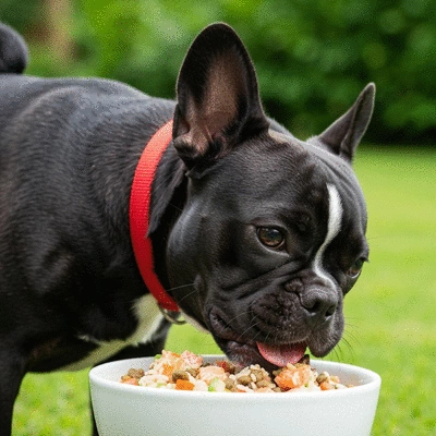 French Bulldog eating a bowl of healthy, balanced dog food