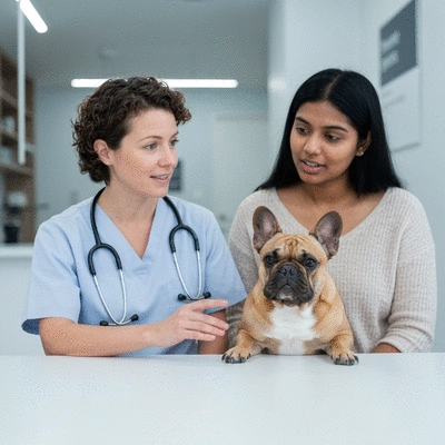 Veterinarian consulting with French Bulldog owner about diet
