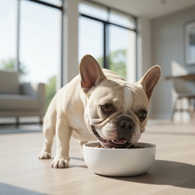 French Bulldog eating hypoallergenic food from a bowl