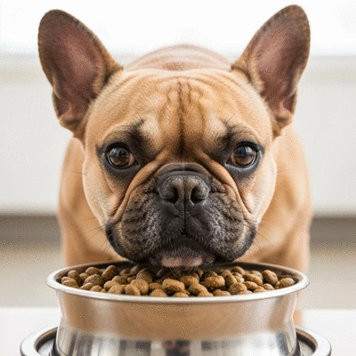 French Bulldog happily eating dry kibble from a bowl