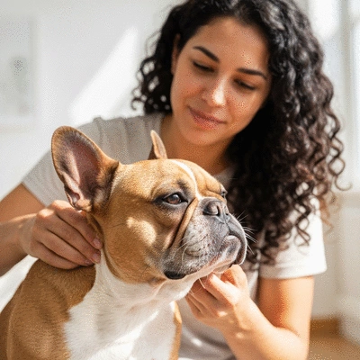 French Bulldog with healthy, clean skin folds being gently cleaned by owner
