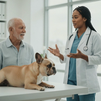 Veterinarian consulting with a French Bulldog owner about diet